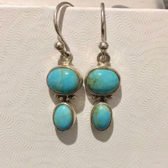 Vintage Sterling Silver Turquoise Double Drop Dangle Earrings - Picture 5 of 5